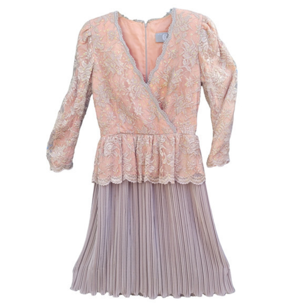 Vintage CI Peach Gray Sparkle Lace Overlay‎ V-Neck Peplum Pleat  Prom Dress